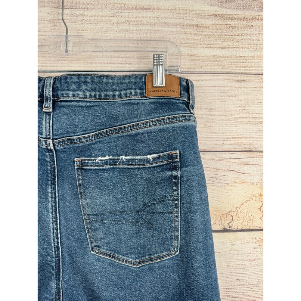 American Eagle Mom Jean Womens 14 Long Blue High Rise Strigid Raw Hem Distressed - Picture 3 of 9
